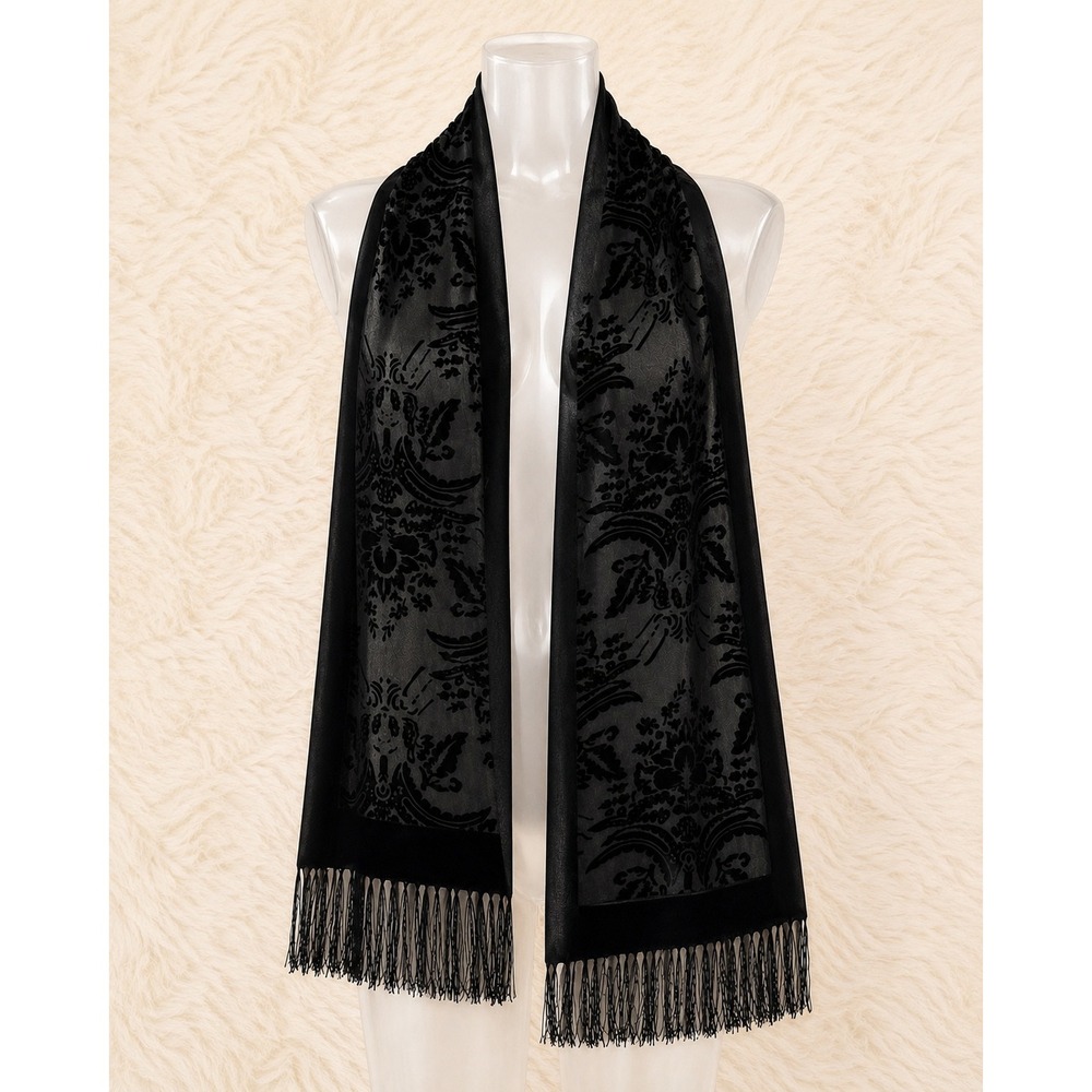 Golden Collection Black Silk Rayon Burnout Velvet Fringe Scarf Wrap Shawl Chic